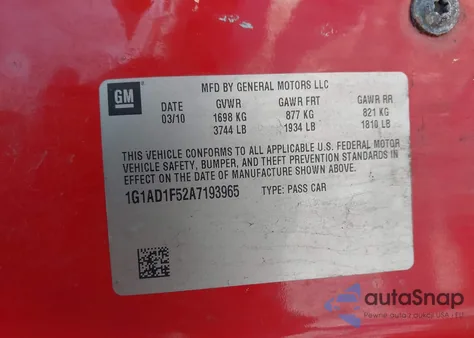 2010 Chevrolet Cobalt Lt из США, поврежденный, VIN 1G1AD1F52A7193965